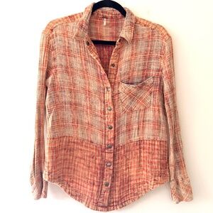 Free People Cotton Crinkle Gauze Mixed Plaid Snap Front Western Casual Blouse